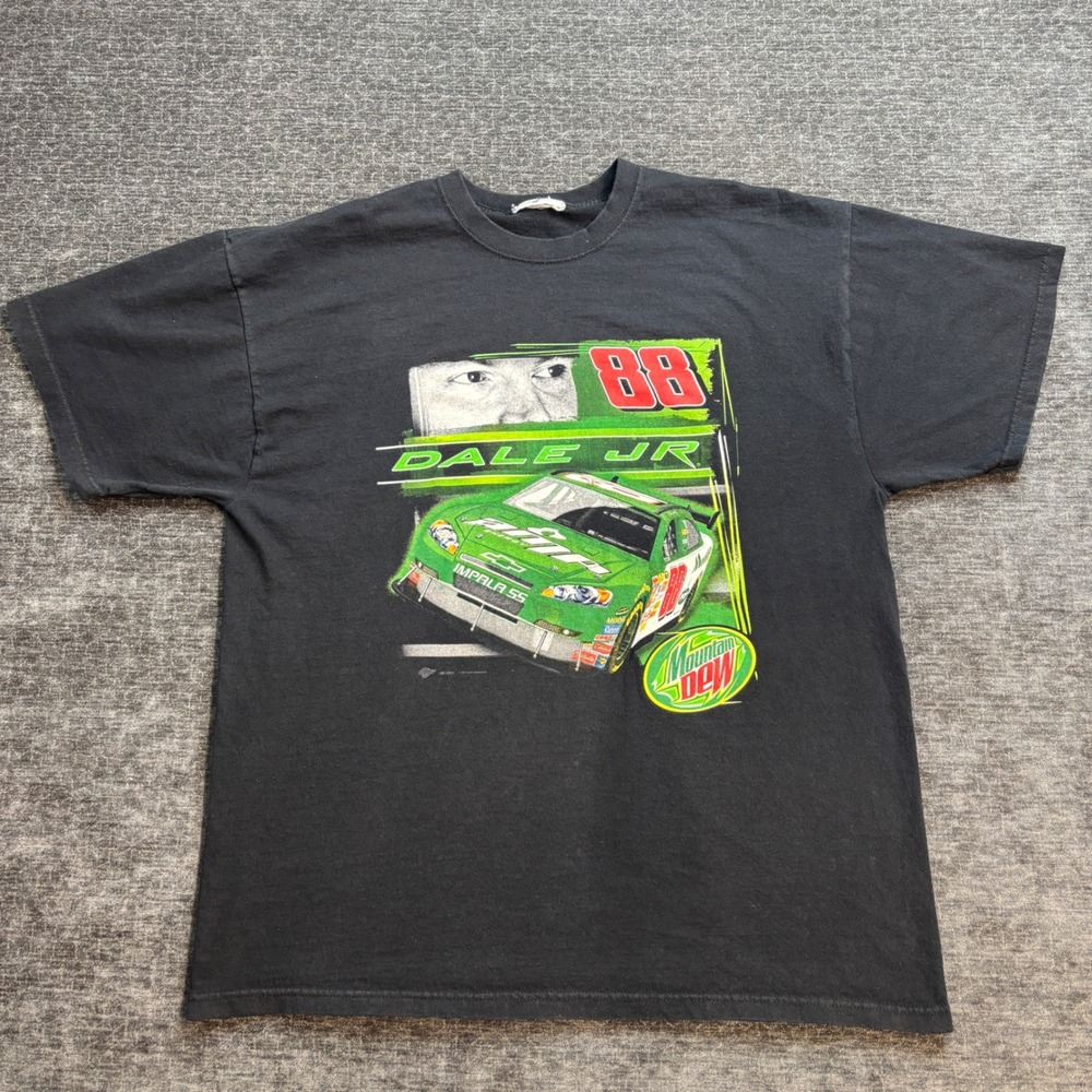 Dale Earnhardt Jr NASCAR Graphic T-Shirt Mens XL Black Mountain Dew Racing Y2K